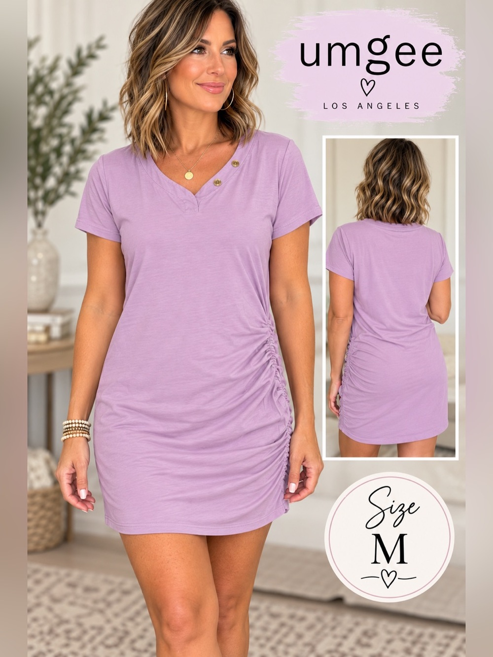 Umgee Lavender Side-Ruched V-Neck Tee Dress with Button Detail